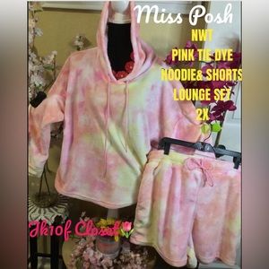 🌸NWT Miss Posh 2X PLUSH FLEECE PINK 🌸TIE DYE HOODIE & SHORTS